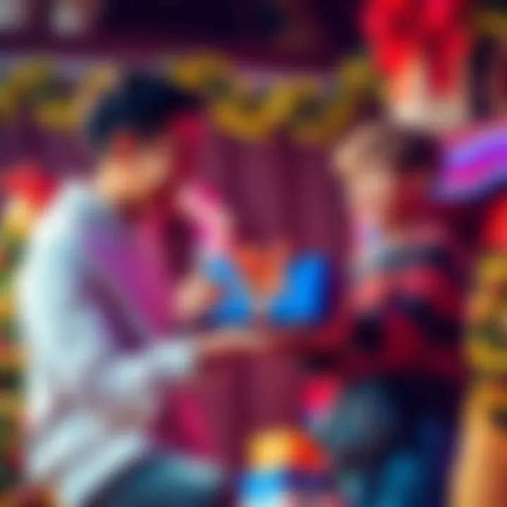 A happy person giving a PlayStation 5 to a young boy, showcasing their joy and excitement in sharing a gift, with a festive background.