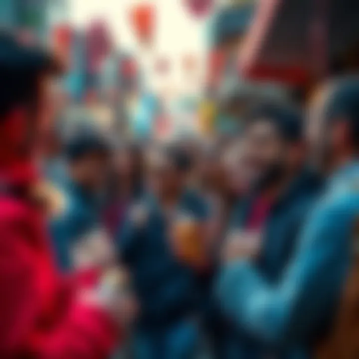 A lively gathering of people participating in the Gimme Gimme trend, sharing items and excitement in a community setting.