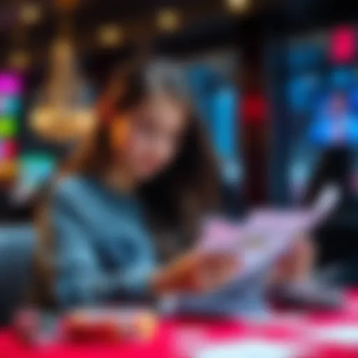 A girl sitting at a table looking at betting materials, asking for advice from friends.