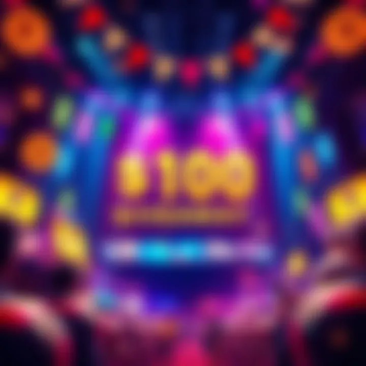 An eye-catching graphic showing a bright and festive atmosphere for a $100 giveaway event, with colorful banners and money symbols around