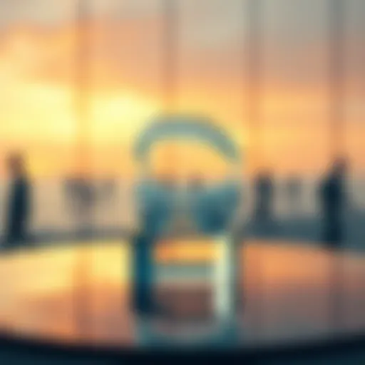 A delicate glass jaw on a pedestal, symbolizing vulnerability and fragility in society, surrounded by a reflective surface that shows faint silhouettes of people, suggesting resilience and human exper...