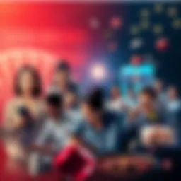 A collage showing diverse people using laptops and mobile devices to access online casinos, with symbols of gambling like dice and cards around them.