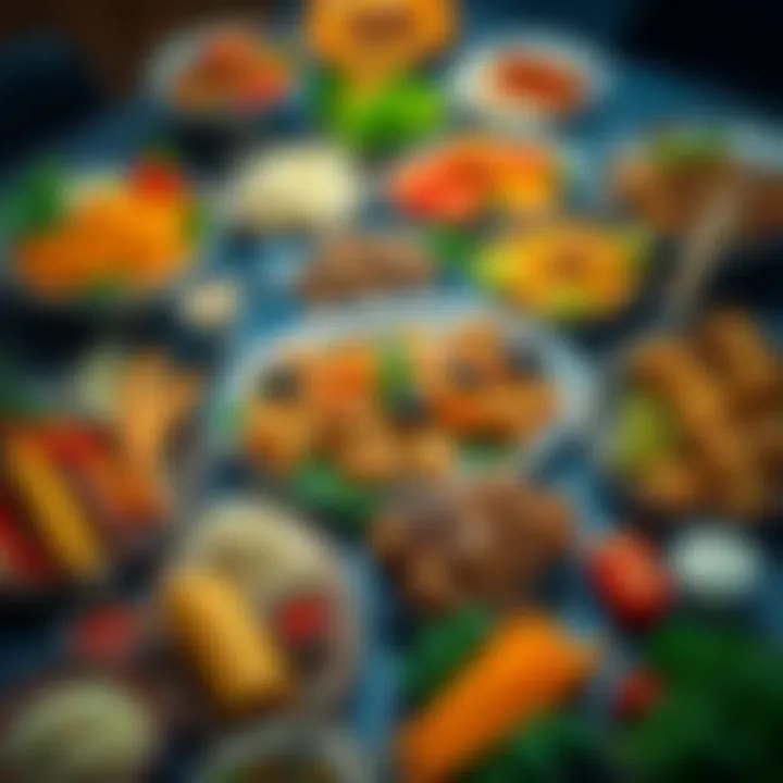 A vibrant display of dishes from different cultures, showcasing colorful plates filled with various foods from around the world.