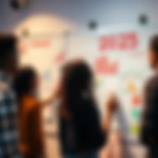 A group of diverse people brainstorming ideas on a whiteboard filled with goals and charts for 2025.