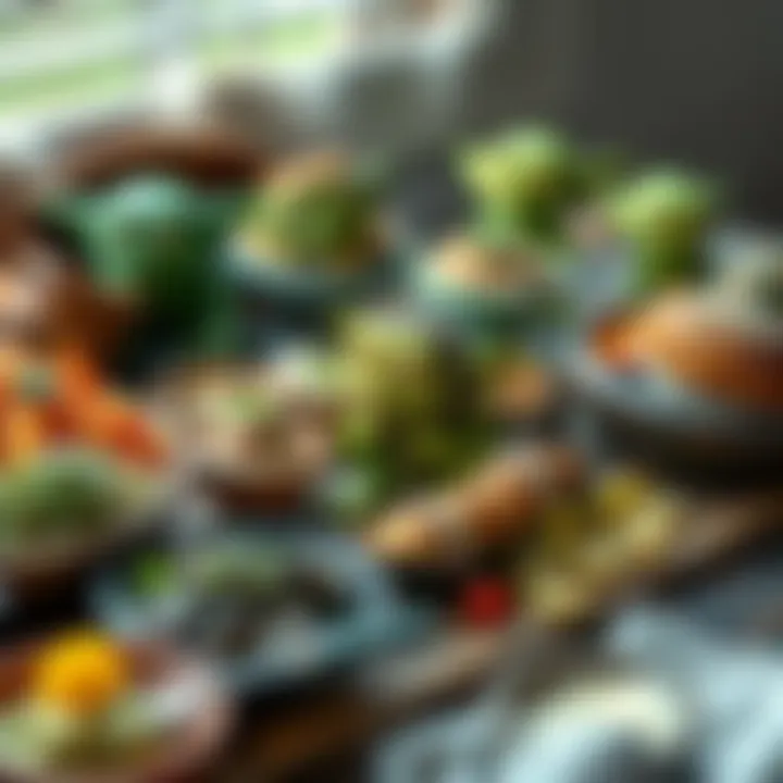 A colorful spread of goblin-themed dishes including green foods and quirky snacks on a rustic table