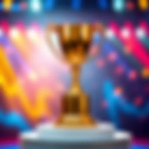A shiny trophy symbolizing achievement and success in reaching gold status, placed on a podium with vibrant colors in the background.