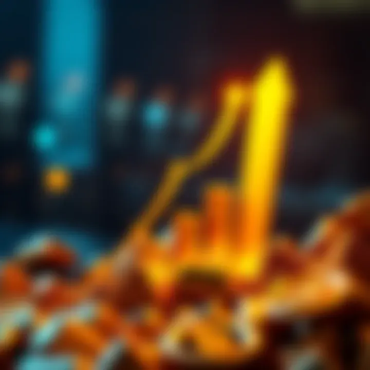 A graphic showing a rising gold price trend with upward arrows and gold bars