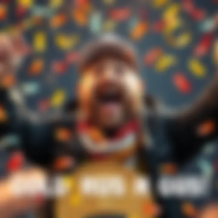 Gold Rush Gus joyfully celebrating his win with a big smile and confetti around him