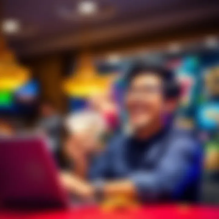 A person happily receiving cash rewards after reviewing casinos, with a laptop displaying casino games in the background.