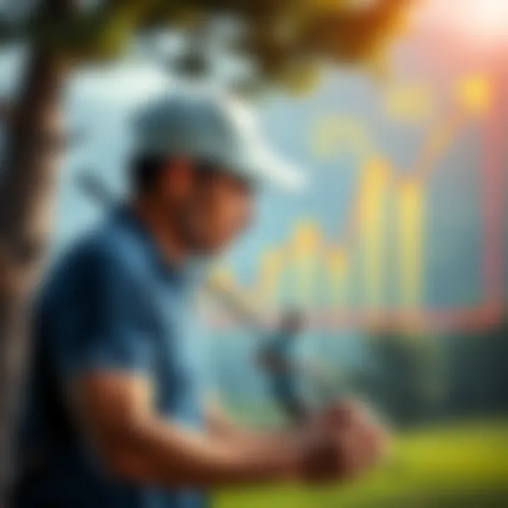 A golfer analyzing betting options on a golf course with a positive financial graph in the background.