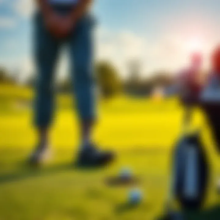 Golf gear and player A golfer preparing to swing with clubs and golf balls nearby on a lush green course