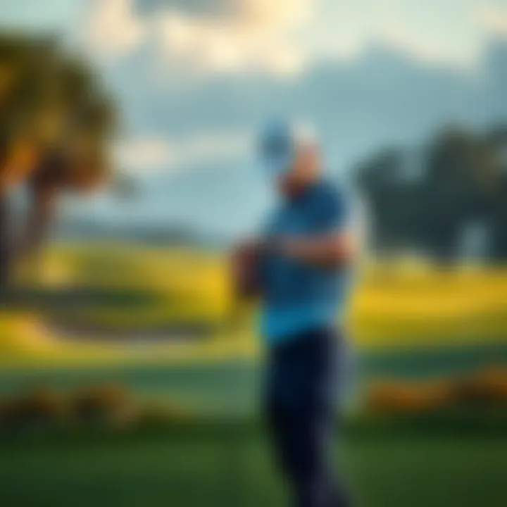 A golfer looking at their watch while standing on a golf course with a club in hand, ensuring they are on time for their tee time.