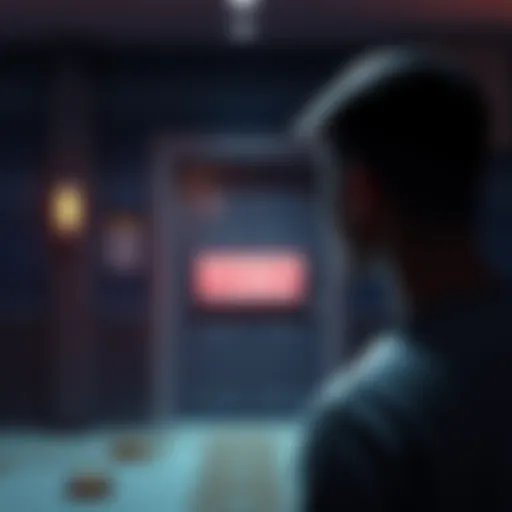 A person looking thoughtfully at a closed door labeled 'Sweeps Casino', symbolizing leaving behind gambling for a fresh start.