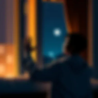 Person saying good night A person waving goodnight while standing by a window, reflecting on sleep habits and relationships.