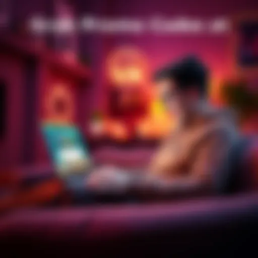 A person excitedly checking promo codes on a laptop at CrownCoins.com in a cozy lounge setting.