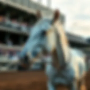 A fit Great White horse in training, preparing for the Preakness Stakes after recovering from the Derby, with a trainer encouraging it in the background.