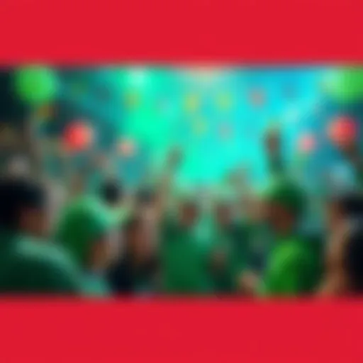 A group of people celebrating in green attire, showcasing their enthusiasm for the green gang movement, with festive decorations and activities in the background.