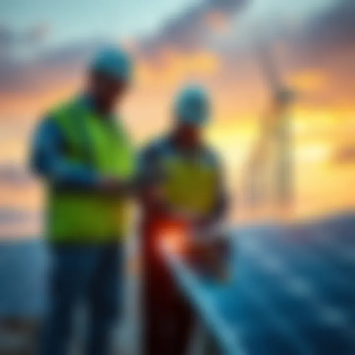 Green Technology Innovation A group of engineers working on solar panels and wind turbines, representing advancements in green technology.