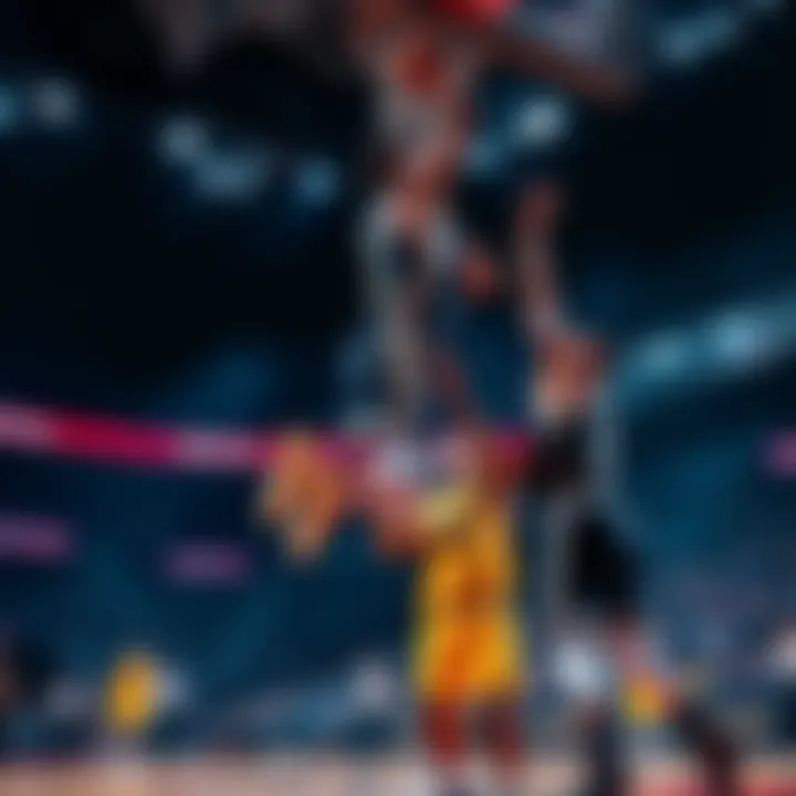 A Grizzlies player jumps to make a basket as Nets defenders struggle to block the shot during the first quarter of the game