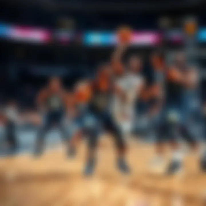 Grizzlies Basketball Team on Court Grizzlies players in action during a game, competing fiercely as Timberwolves players prepare to make their moves.