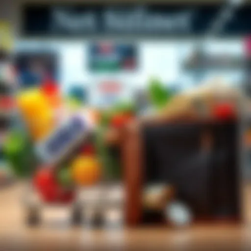A shopping cart filled with groceries next to a wallet overflowing with cash