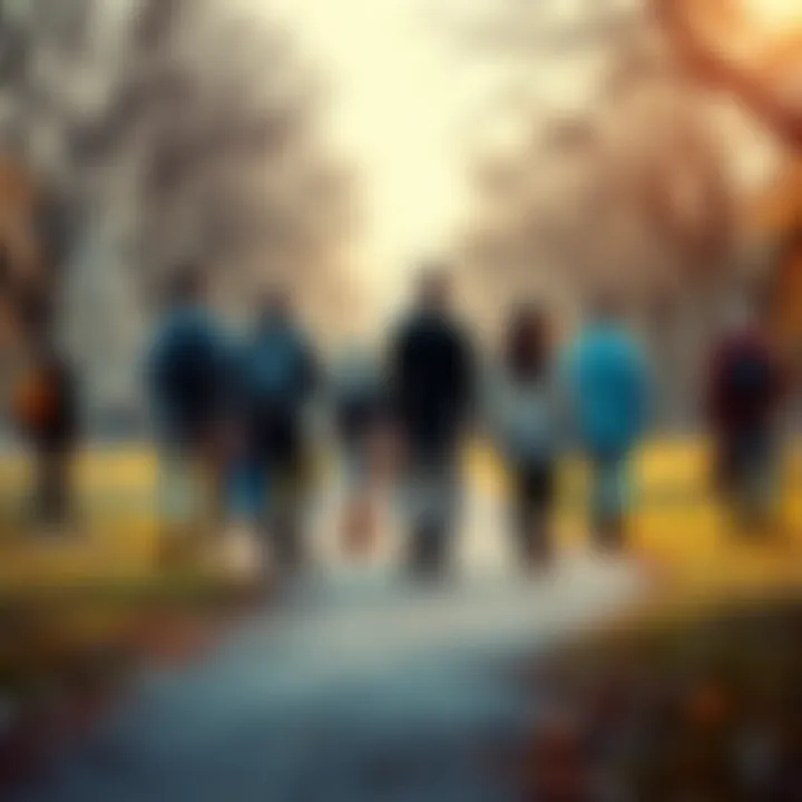 A group of people making choices to follow a path or go their own way in a park, symbolizing independence and conformity.