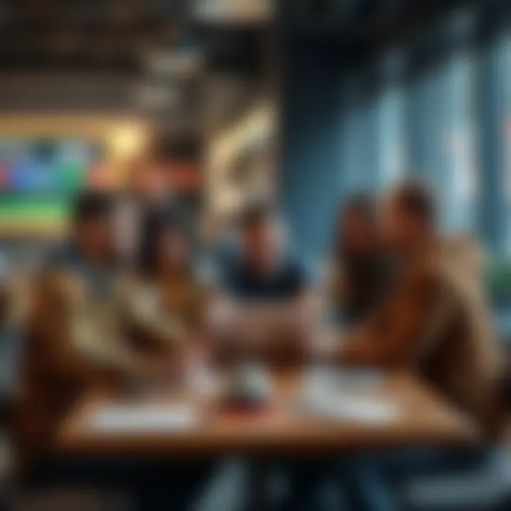 Group Discussing Sports Betting A group of friends sharing tips on sports betting strategies around a table, with a laptop and notepads in front of them.