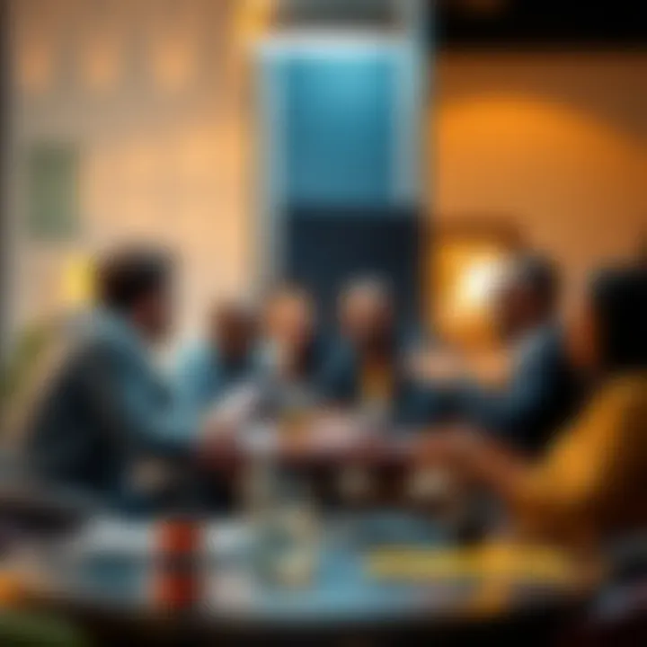 Group discussion A diverse group of people engaging in a lively discussion around a table