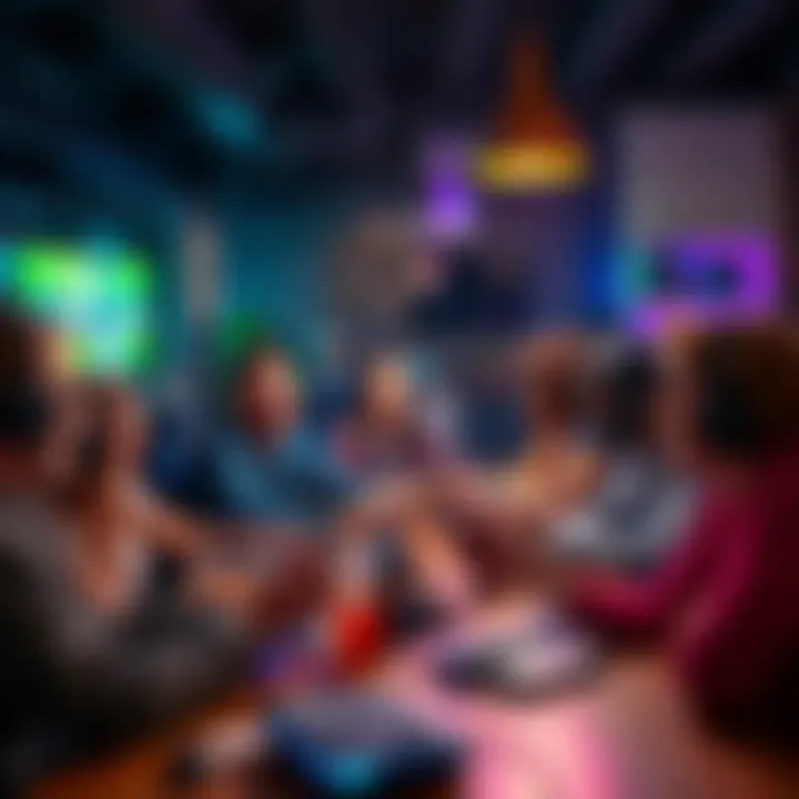 A diverse group of people sitting around a table, playing video games and enjoying each other's company, showcasing the shift from scheduled gaming to spontaneous play.