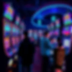 A group of people playing slot machines together, observing each other's wins and losses, with colorful lights and sounds from the machines around them.