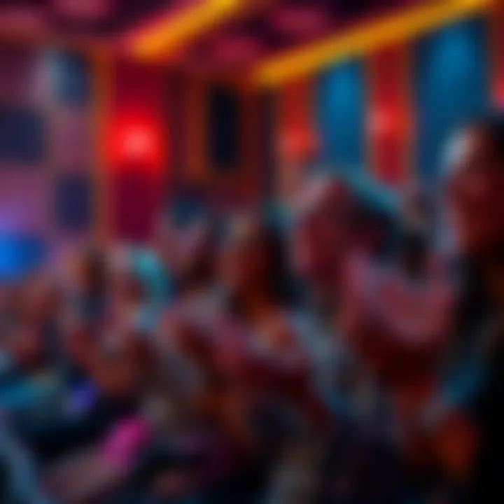 Group enjoying a play A diverse group of people laughing and clapping at a theater performance, showcasing joy and engagement.
