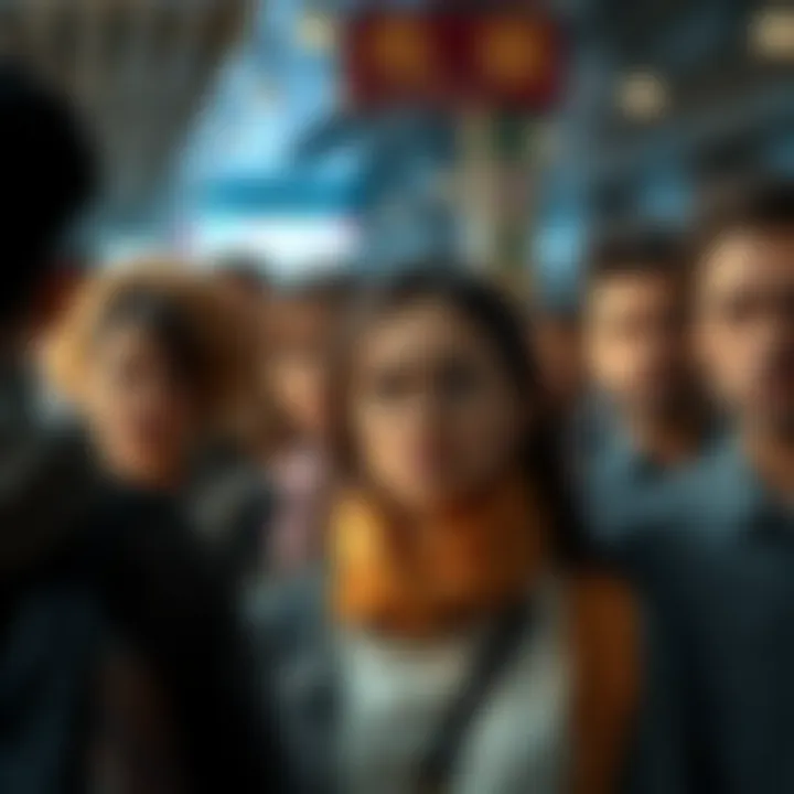 A diverse group of people wearing worried expressions, standing together in a public space, reflecting the uncertainty of the current times.