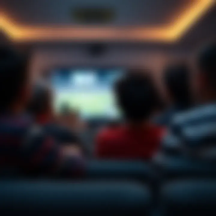A group of people sitting together, distracted and not paying attention to a TV screen showing a game or show, reflecting disinterest.