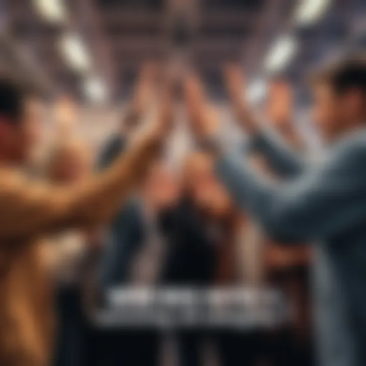 Group of people celebrating success A diverse group of people joyfully high-fiving each other, symbolizing collaboration and shared achievements.