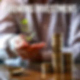 A person holding a small plant next to a stack of coins, representing growth in investment from a small amount to a larger sum.