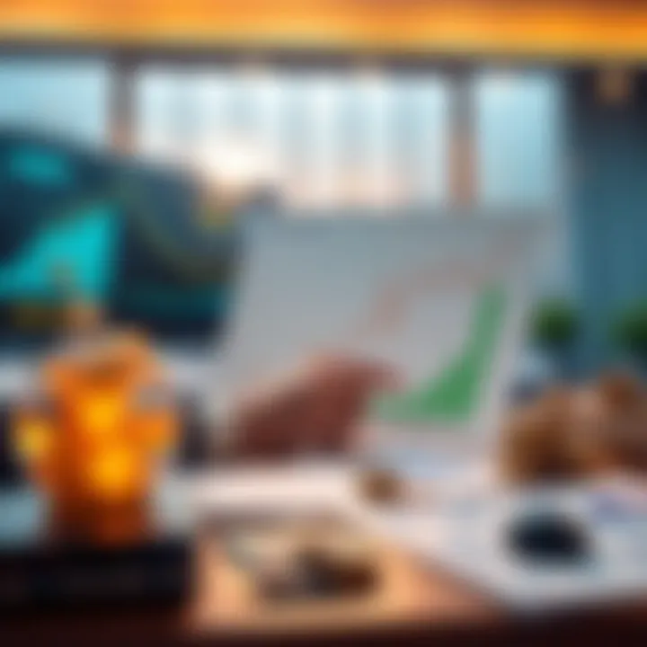 Growing Money Strategies A person analyzing financial growth with graphs and charts on a desk, surrounded by money symbols