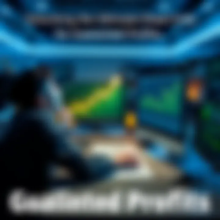 Guaranteed Profits Concept A person sitting at a computer with a money graph on the screen, looking excited about profits.