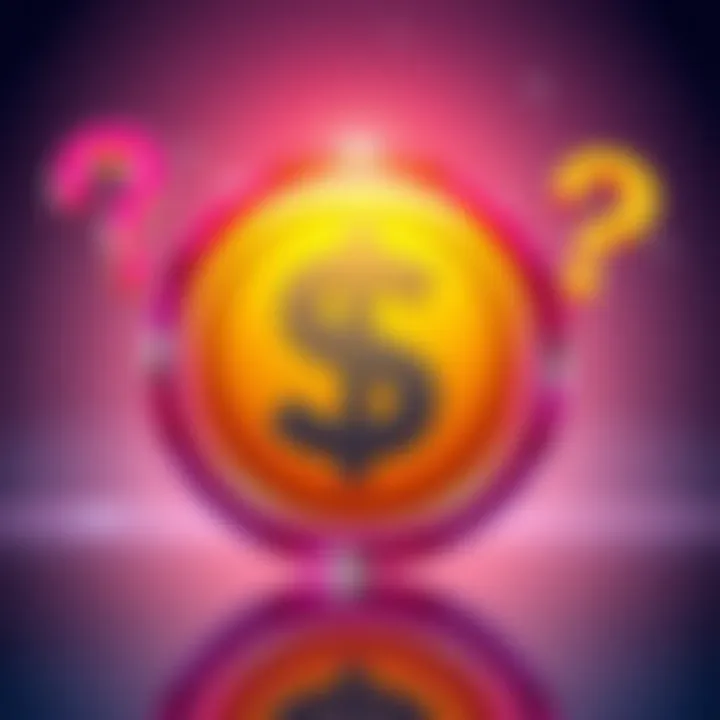A colorful graphic featuring a dollar sign and question marks, inviting people to join the guessing game for a chance to win a prize.