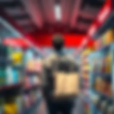 A person standing in front of multiple product options, looking thoughtful while holding a shopping bag, symbolizing decision-making.