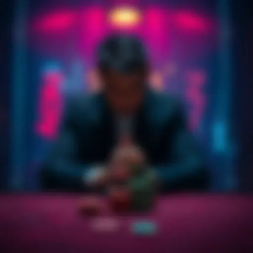 Individual sitting alone in a dimly lit room, looking distressed with a stack of gambling chips on the table