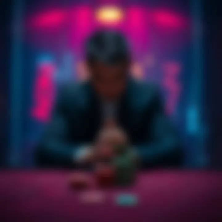 Individual sitting alone in a dimly lit room, looking distressed with a stack of gambling chips on the table