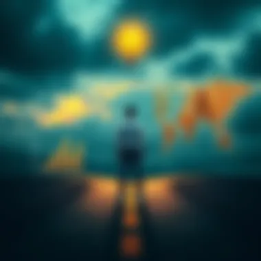Person weighing options between gut feeling and research A person stands at a crossroads, contemplating between a light bulb symbolizing intuition and a chart representing research data.