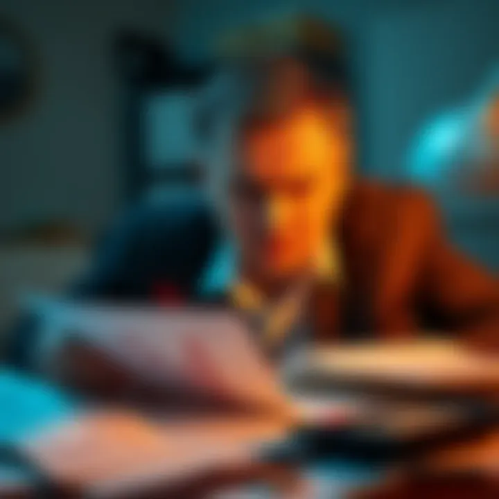 Haaland looking at financial charts with a concerned expression, surrounded by paperwork and calculators, representing a financial situation that needs addressing.