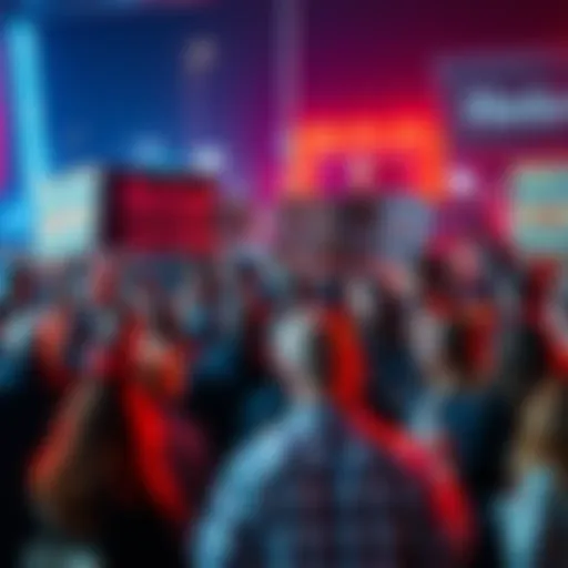 A concerned crowd discussing Hacksaw's future in California with signs and banners.