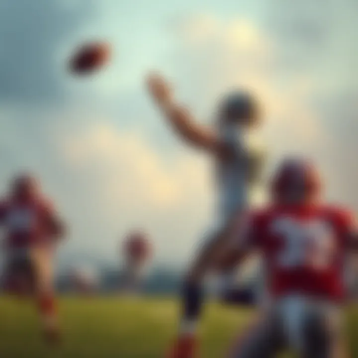 A football player throwing a Hail Mary pass during a game, with teammates and opponents in action on the field.