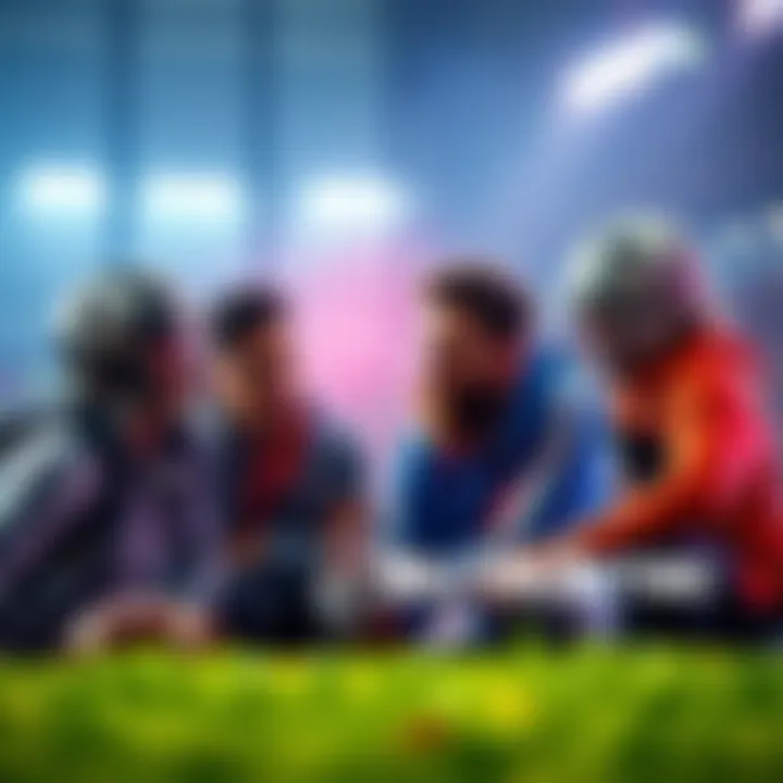 Group of people analyzing betting options during halftime of a football game