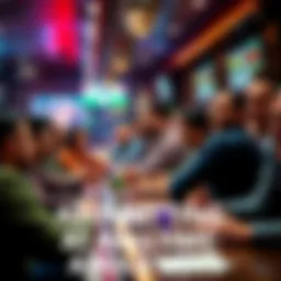 A vibrant sports bar scene with people excitedly placing bets during halftime of a game, showing a mix of reactions from joy to tension.