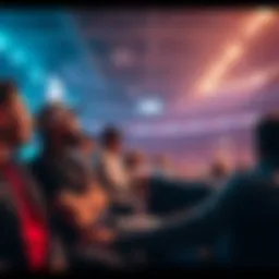 Bettors placing wagers during halftime at a sports event, showing excitement and engagement.