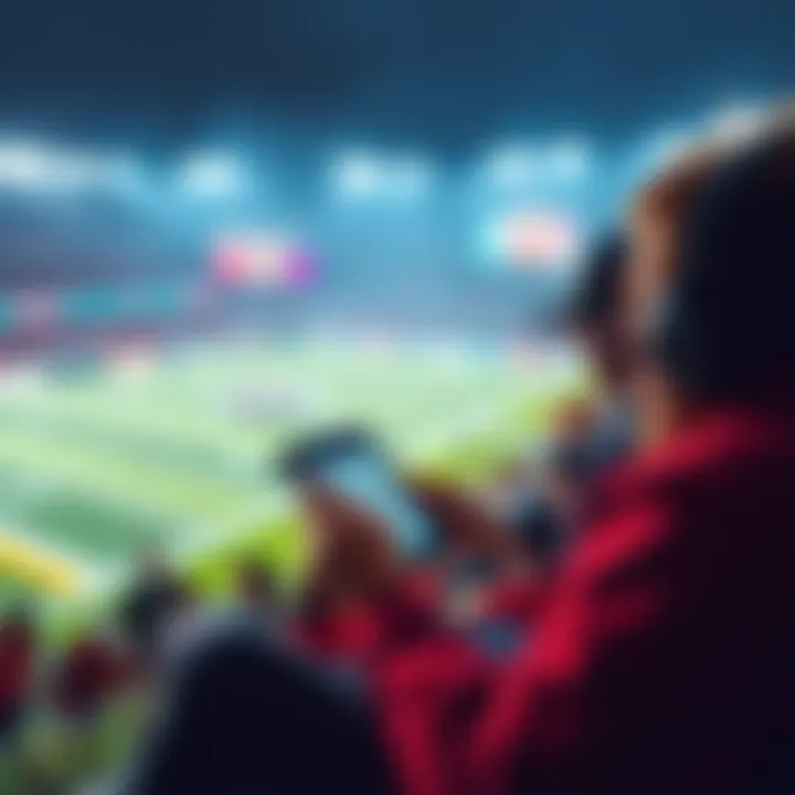 A football game in progress with fans analyzing stats on a tablet during halftime.