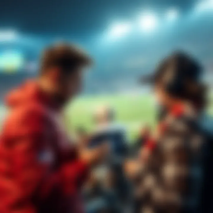 A football game in progress with bettors analyzing team stats and performance on a tablet.